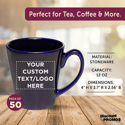 DISCOUNT PROMOS Custom Glossy Ceramic Latte Coffee Mug 12 oz. Set of 50, Personalized Bulk Pack - Perfect for Tea, Espresso, Cappuccino, Hot Cocoa - Blue
