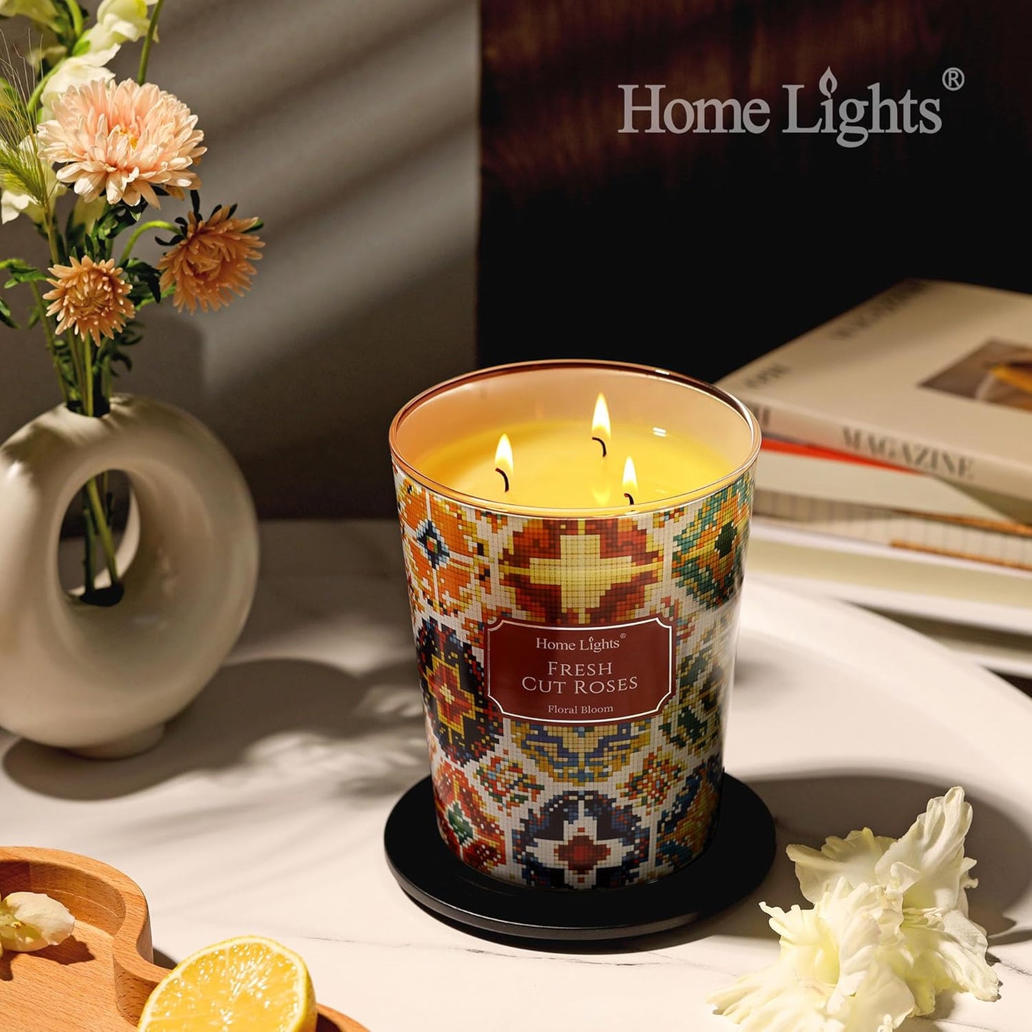 HomeLights 3-Wick Candles for Home Scented - 34oz Soy Wax Blend Candle Long-Lasting Fragrance, Bohemian Natural Textures Home Decor and Housewarming Gifts, Fresh Cut Roses