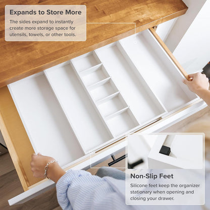 Adjustable Kitchen Drawer Organizer for Utensils and Junk, Food-Safe Contract Grade with 100% Sustainable Wood, Expandable from 16 to 28 Inches Wide - White Bamboo