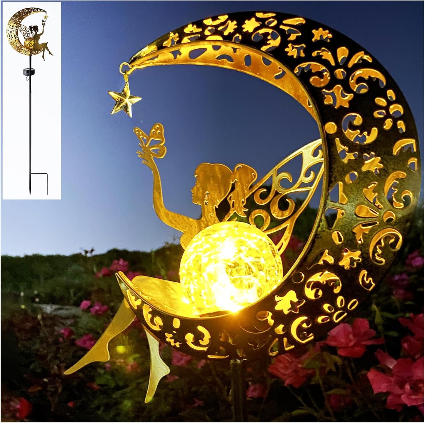 Solar Fairy Garden Decor for Outside,Solar Garden Lights Outdoor Decorative, Garden Statues Decor,Yard Decor,Patio Lawn Ornaments,Metal Yard Art,Unique Angel Gifts for Women,Mom Grandma,1PC