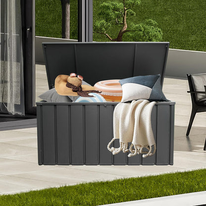 Domi 160 Gallon Deck Box, Outdoor Metal Lockable Storage Cabinet, Waterproof Steel Outdoor Bench with Lockable Lid, Side Handles & Rolling Casters for Outside Cushions, Pillows, Garden Tools, Grey
