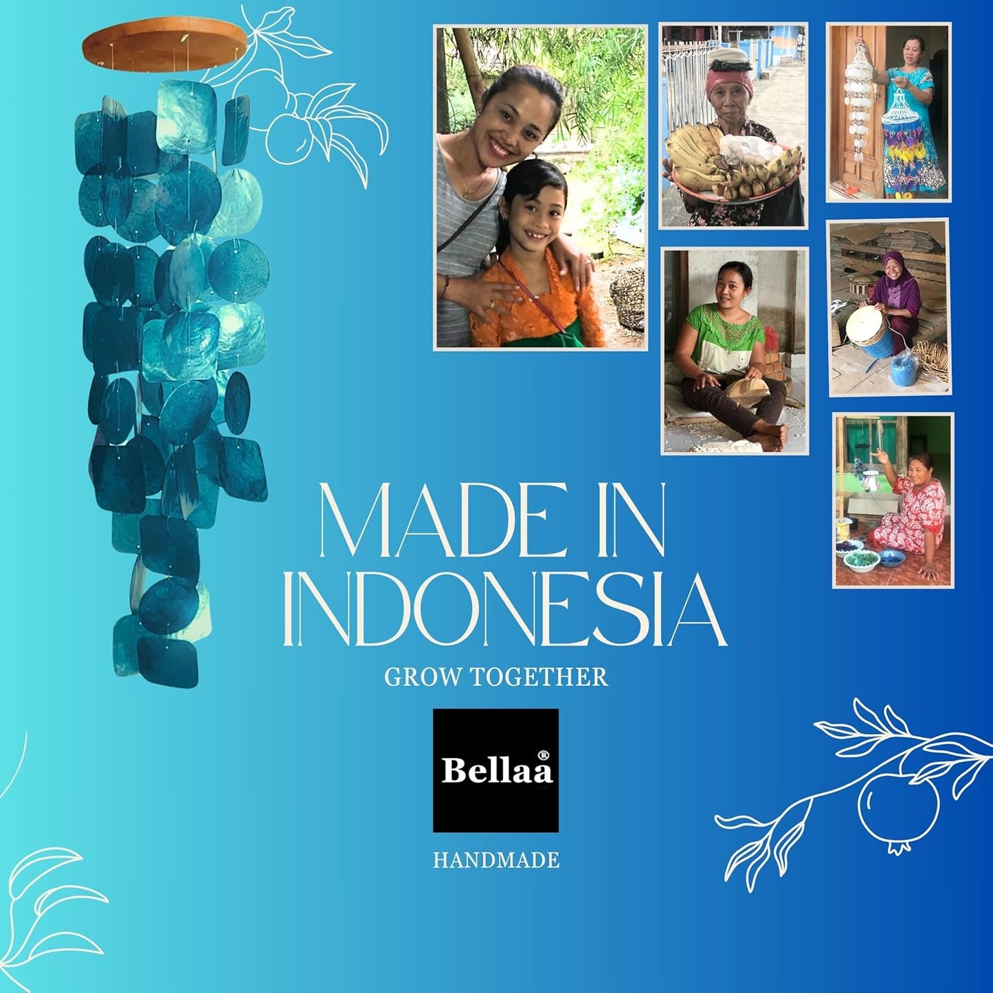 Bellaa 24858 Wind Chimes Outdoor, Garden Decorations, Musical, Indoor/Outside Windchimes, Beach, Ocean Breeze, Gifts for Mom, Gift for All Occasions, Capiz Sea Glass Shells Wood 27 inch Green Blue