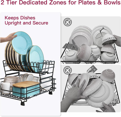 BOOSINY 2 Tier Black Large Stainless Steel Dish Drainers Drying Rack for Kitchen Counter with Drainboard, Rust Proof Metal, Space Saving, Modern Aesthetic, Compact Plates Strainers with Extra Mat