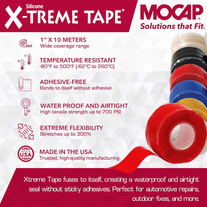 X-Treme Tape MOCAP Heavy Duty Electrical Tape, Self-Fusing Silicone Rubber, Waterproof & Insulating Flexible Tape, Electrical for Hose, Automotive, Outdoor & Repairs - 1" x 10ft Roll - Bright Red