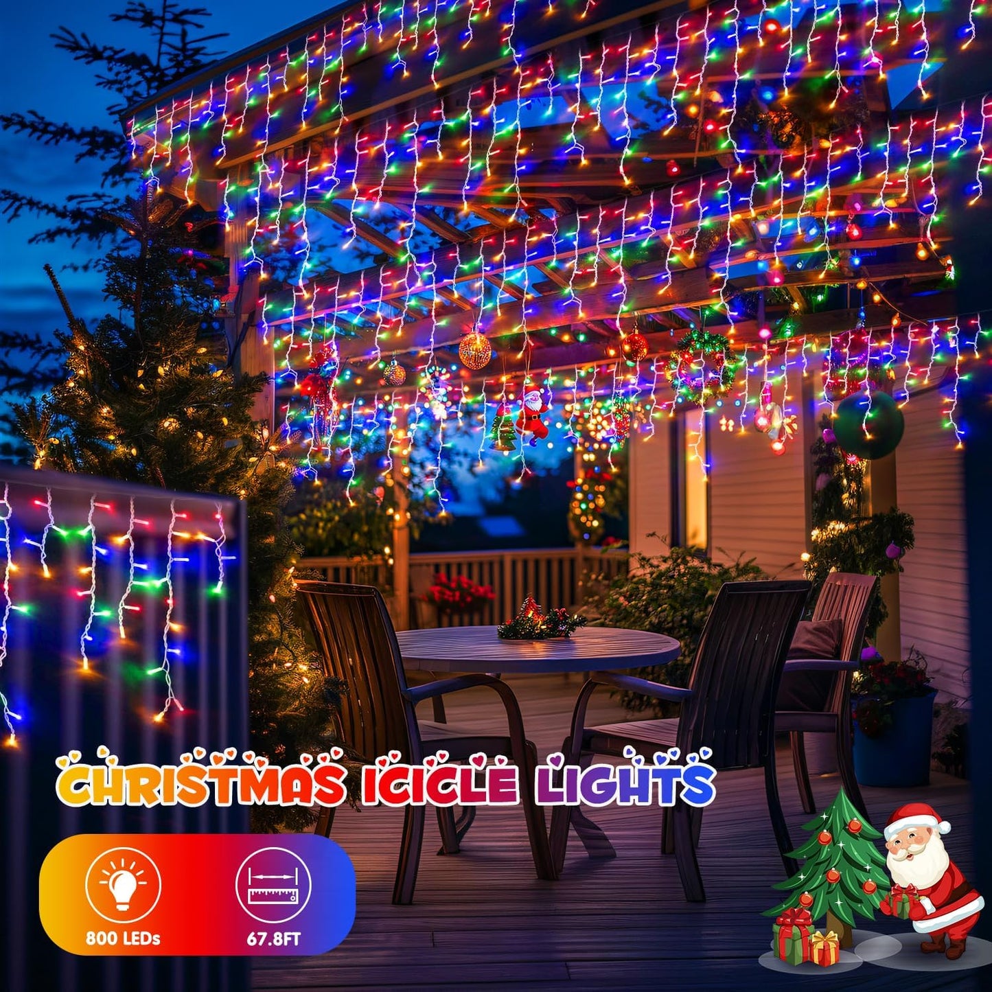 JMEXSUSS 800 LED Christmas Icicle Lights Outdoor Plug-in, Multicolor Waterproof, 8 Modes With 160 Drops for Bedroom House Holiday Party Decorations