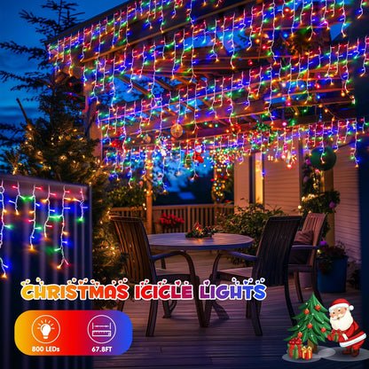 JMEXSUSS 800 LED Christmas Icicle Lights Outdoor Plug-in, Multicolor Waterproof, 8 Modes With 160 Drops for Bedroom House Holiday Party Decorations