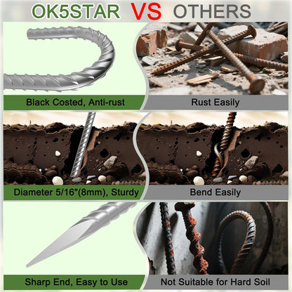 Rebar Stakes 12 Inch, 55 Pack Galvanized Metal Tent Stakes Heavy Duty Ground Stakes, J Hook Steel Fence Stakes for Ground, Outdoor Decoration, Wire Fencing, Gardening