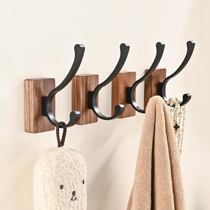 4 Pack Wooden Wall Hooks for Hanging, Adhesive Mounted & Wall Mount Nature Wood Coat Hooks for Towel Clothes Blanket Hat Backpack Robe Nursery Door Board Entryway Key Holder
