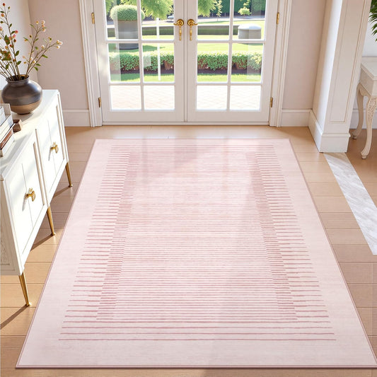Wonnitar Washable Striped Living Room Area Rug 5x7, Non-Slip Berber Stripe Pink Area Rugs for Bedroom Girls, Low Pile Soft Large Throw Carpet for Kids Nursery Room (Pink,5' x 7')