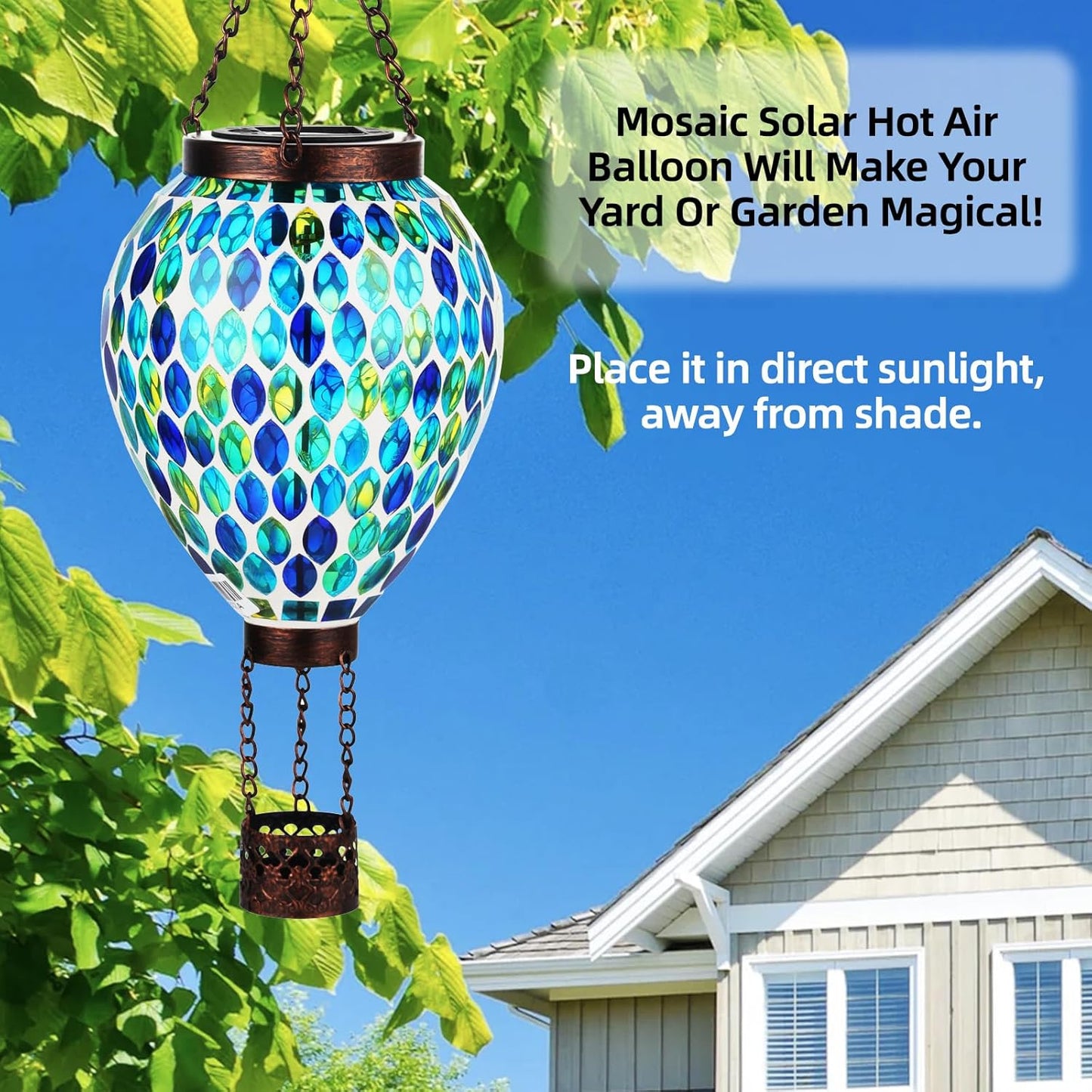 VOREEN Hot Air Balloon Solar Lantern, Mosaic Solar Outdoor Hanging Wind Light, Waterproof, Patio Festive Decor, Gift for Mom Wife Friend, Blue