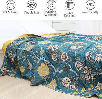 Snycler Boho Throw Blanket for Bed - 100% Cotton Ultra Soft Rustic Quilt Blanket Green Bird Floral Printed Farmhouse Decor Bed Blankets, 60"×80" All Season Rustic Throw for Sofa Couch Chair