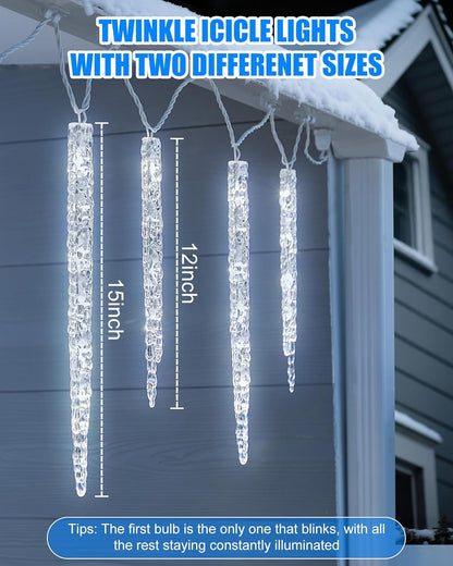 Minetom Icicle Lights Outdoor with Clips, 10ft 50 LED 10 Tubes Twinkling Ice Shape String Lights, Connectable Hanging Christmas Lights Plug in for Eave Holiday Outdoor, Cool White