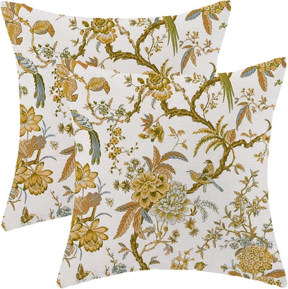 CXMEIFLY Summer Floral Birds Pillow Covers 16 x 16 Inch Set of 2 for Chinoiserie Flowers Spring Decor Throw Pillows Mustard Yellow Plant Outdoor Decorative Cushion Cases for Couch Bed Decorations