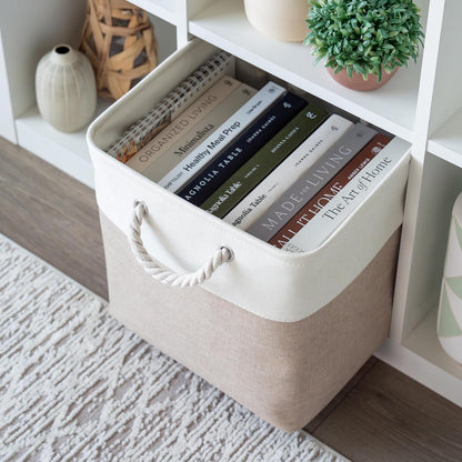 OrganiHaus 13x13 Cube Storage Bins 4 Pack, Foldable Cube Storage Organizer w/ Rope Handles, Collapsible Fabric Bins for Toys, Clothes & Closet Organization, Fabric Square Baskets - Beige/White