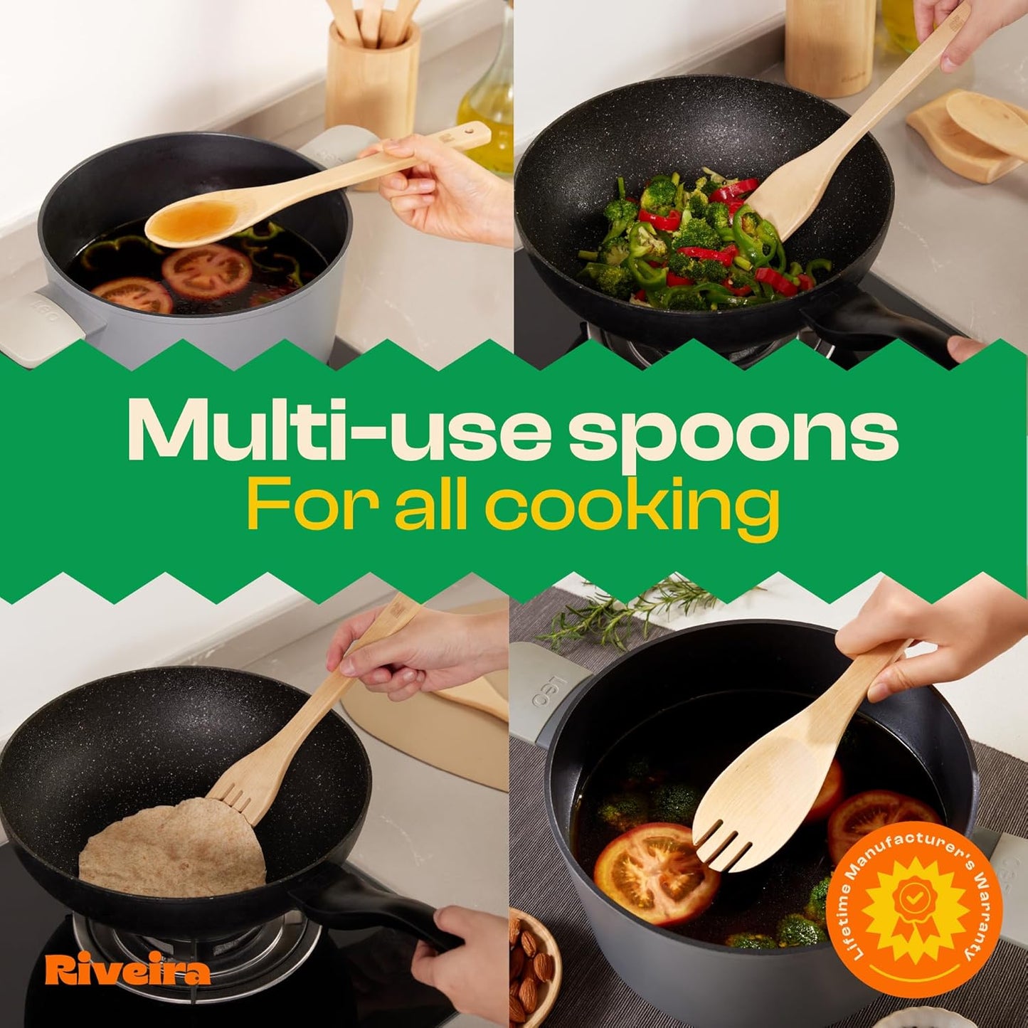 Riveira Maple Wooden Spoons for Cooking Set of 9 – Natural Maple Wooden Cooking Utensils, Wooden Spatula, Wooden Spoon - Premium Quality Wooden Utensil Set for Non-Toxic Cooking