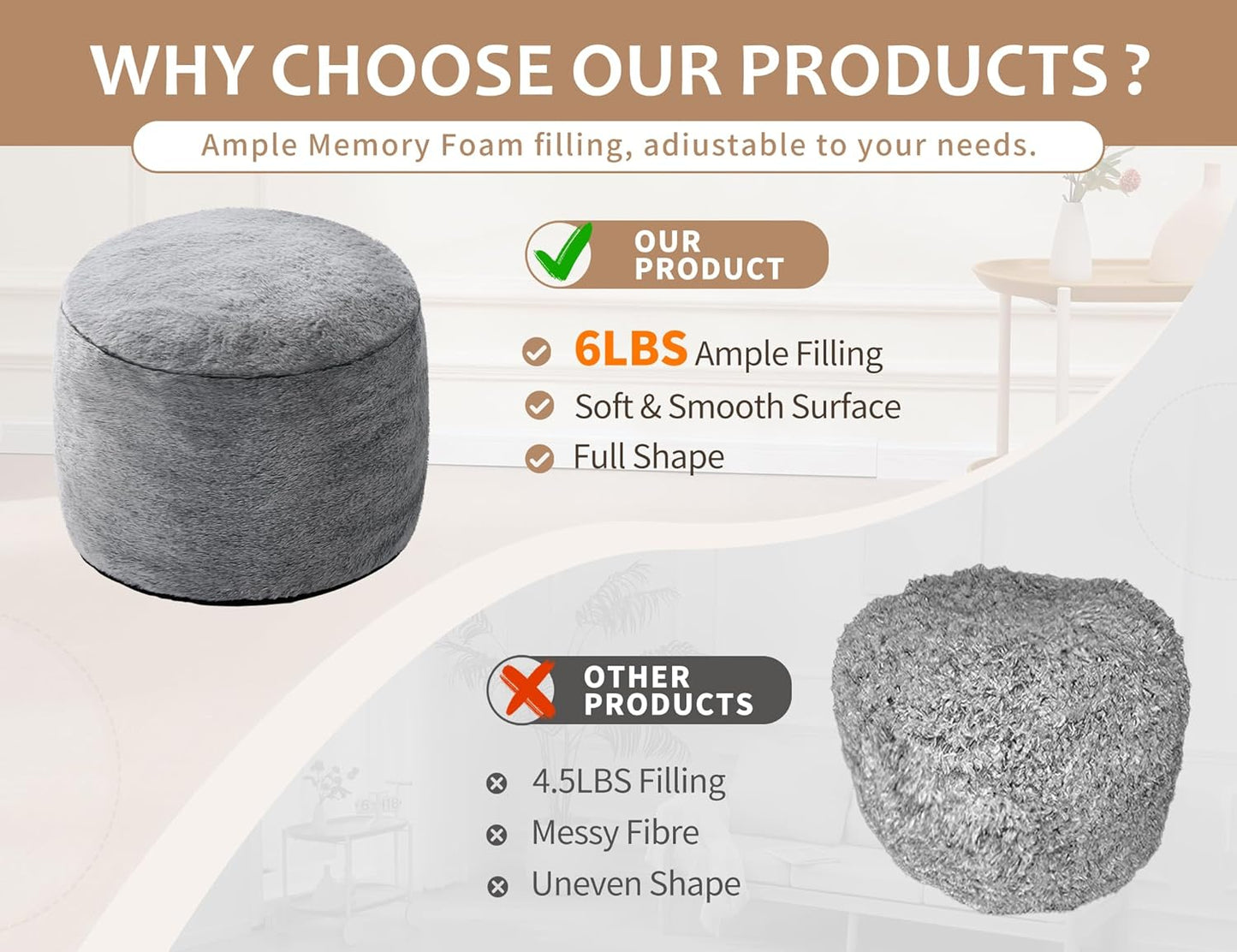 Pouf Ottoman Foot Rest 20"x15" Footstools and Ottomans Small with Filling Cream Small Beige Ottoman Foot Rest Ivory Poofy Ottom Stool Soft Poofs/Ottomans Furniture Living Room Ottom Footstool