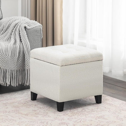 Adeco 18 Inch High Cube Ottoman Storage, Linen Chair Foot Stools, Upholstered Vanity Stool with Hinged Lid, Solid Wood Legs (White Circle Yarn)
