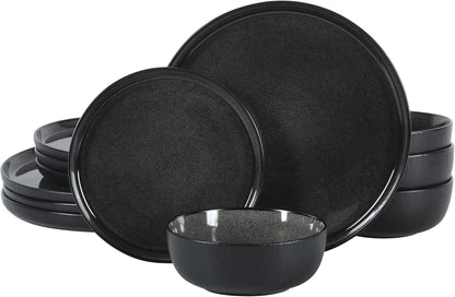 Gibson Elite Tahoe Sunset 12 Piece Stoneware Reactive Glaze (Service for 4) Ceramic Plates and Bowls Dinnerware Set - Black