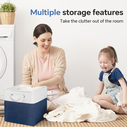 13x13 Inch Cube Storage Bins with Reinforced Bottom Cardboard, 6 Pack Large Collapsible Fabric Storage Cubes with Handles for Shelf, Closet, Toy, Laundry Organization (White&Navy Blue)
