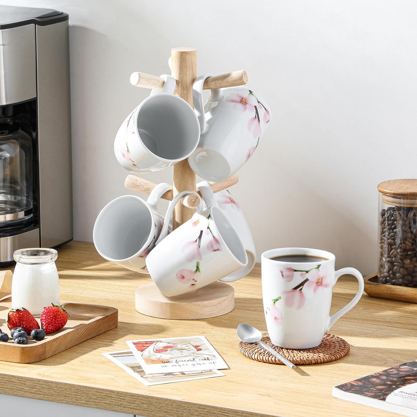 VEWEET Coffee Mugs Set of 6, 11 OZ Coffee Cups Set with Handle, Floral Mug Sets Ceramic Cup Set for Kitchen, Microwave & Dishwasher Safe, Series ANNIE