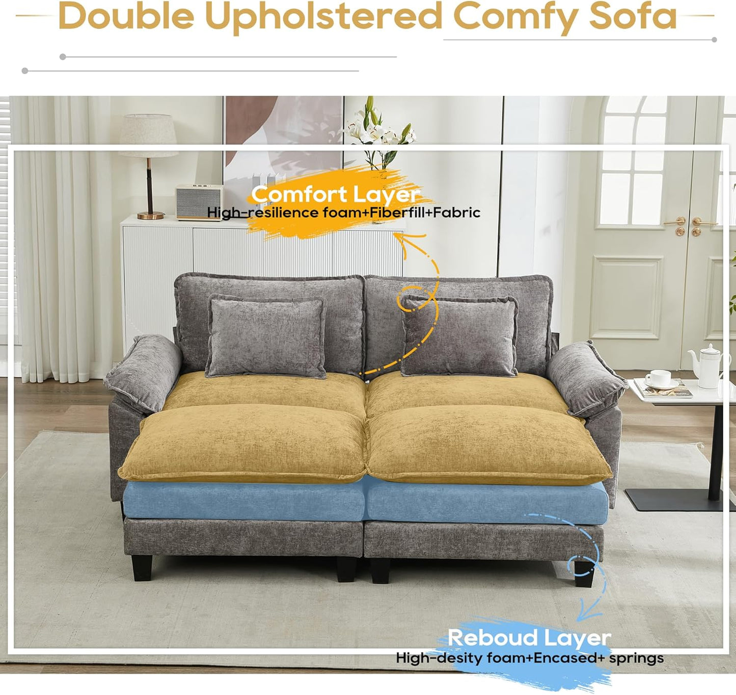 URRED Modular Sectional Sofa Comfy Cloud Couch, Modern Chenille Sofa Sleeper Deep Seat Couches with Ottoman/Pillows for Living Room (Gray, 82.6''- 2 Ottomans)