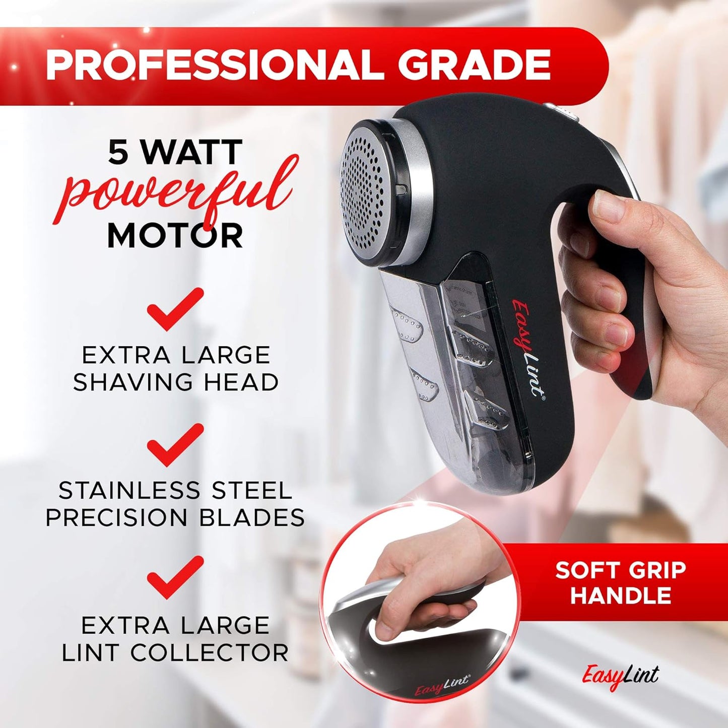 EasyLint Professional Fabric Shaver Lint Remover, Electric Sweater Shaver for Clothes & Furniture Works with AC Adapter or Batteries, Pilling Remover with 2-Blades, Cleaning Brush & Power Cord