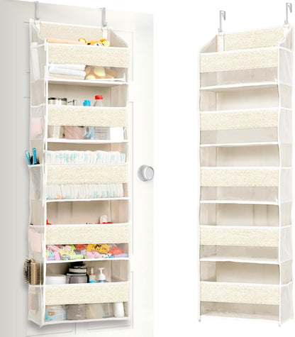 ULG 1 Pack Over Door Organizer with 5 Large Pockets 10 Mesh Side Pockets, Upgraded Linen Texture Over The Door Storage, 44 lbs Weight Capacity Hanging Storage Organizer, Ivory