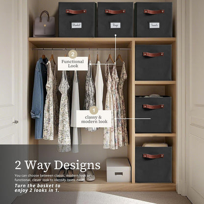 DECOMOMO Storage Cubes, 13x13x13 Storage Cube Bins with Labels, Fabric Organizer Bins (13" / 6pcs, Black)