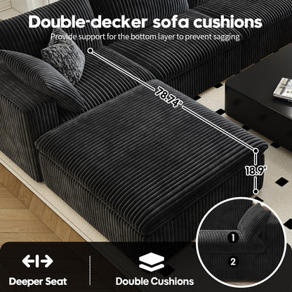 LoveSeat Cloud Couch Modular Sectional Sofa for Living Room,Modern Sofa with Deep Seat，2 Seater Boneless Couch with Ottoman,Comfy Upholstered Couches for Apartment, Studio, Office,Bedroom，Black