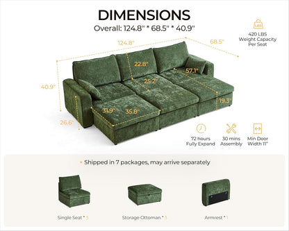 Oversized Modular Sofa Comfy Cloud Couch with Storage, Extra Deep Plush Sectional Sofa Set for Living Room, Covers Washable, Chenille, Olar (Green, 6-Seater with 3 Ottomans, Sleeper)