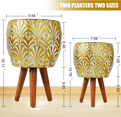 Harvest Land Plant Pots with Stand, Set of 2 Large Modern Planters Metal Tall Handmade Flower Pots with Drainage Holes Indoor Outdoor,Gold