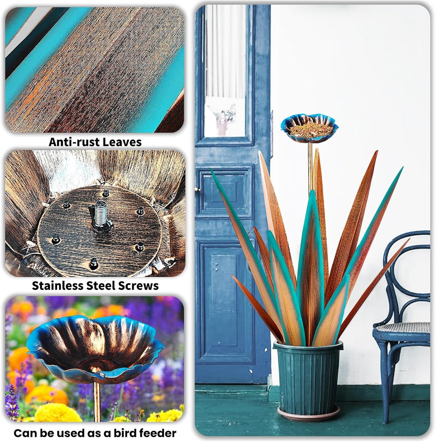 Large Tequila Rustic Sculpture, Rustic Metal Agave Plants for Outdoor, Home Decor Garden Yard Statue (Blue - L (W/Bird Feeder))