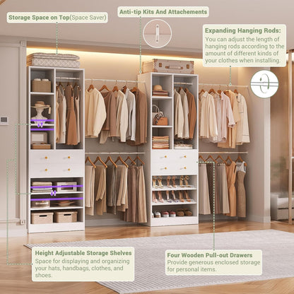 Closet System, Up to 134"/11.2 FT Closet Organizer with 4 Wooden Drawers and Shelves, Walk-in Closet System with 6 Hanging Rods, Built-in Closet Can Fit 96"/8FT, 120"/10FT, White