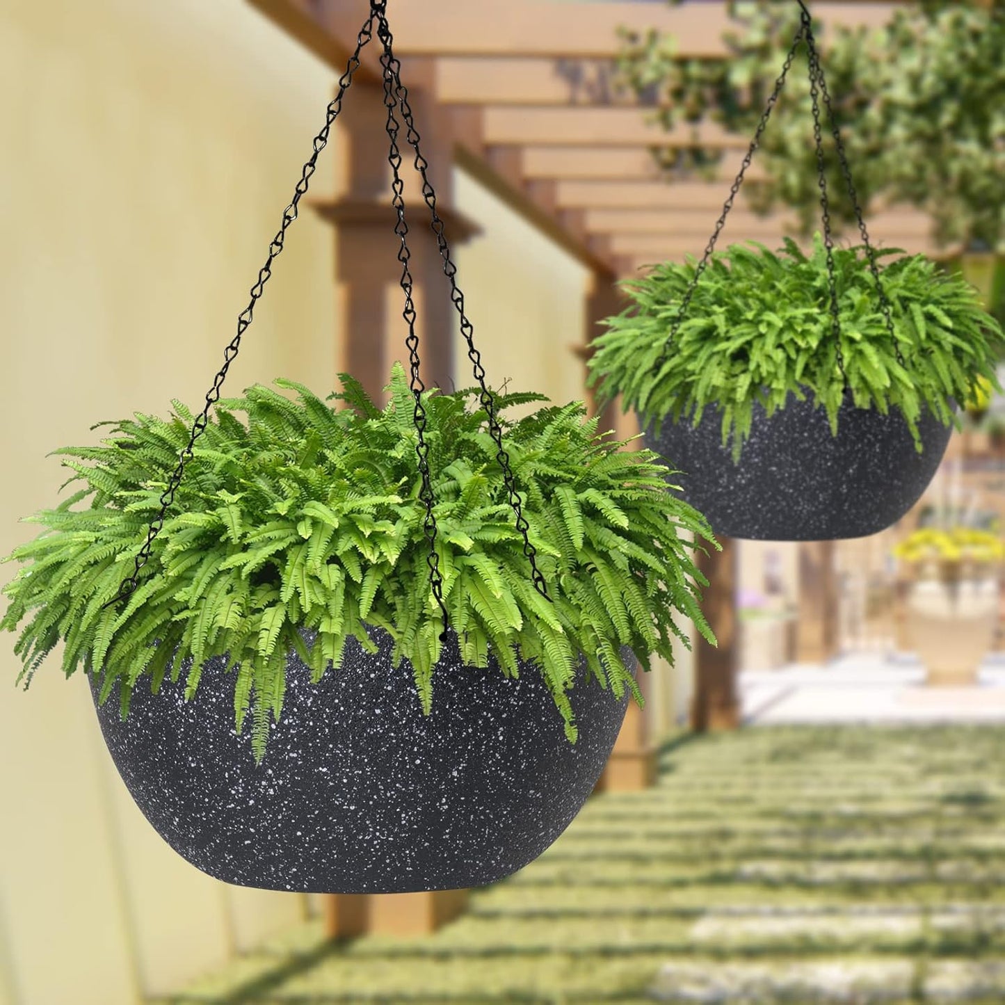 WOUSIWER 13 inch 2Pack Large Hanging Planters for Outdoor Indoor Plants with Drainage Holes and Chain, Round Hanging Flower Pots for Garden Home Porch Decor, Black Speckles