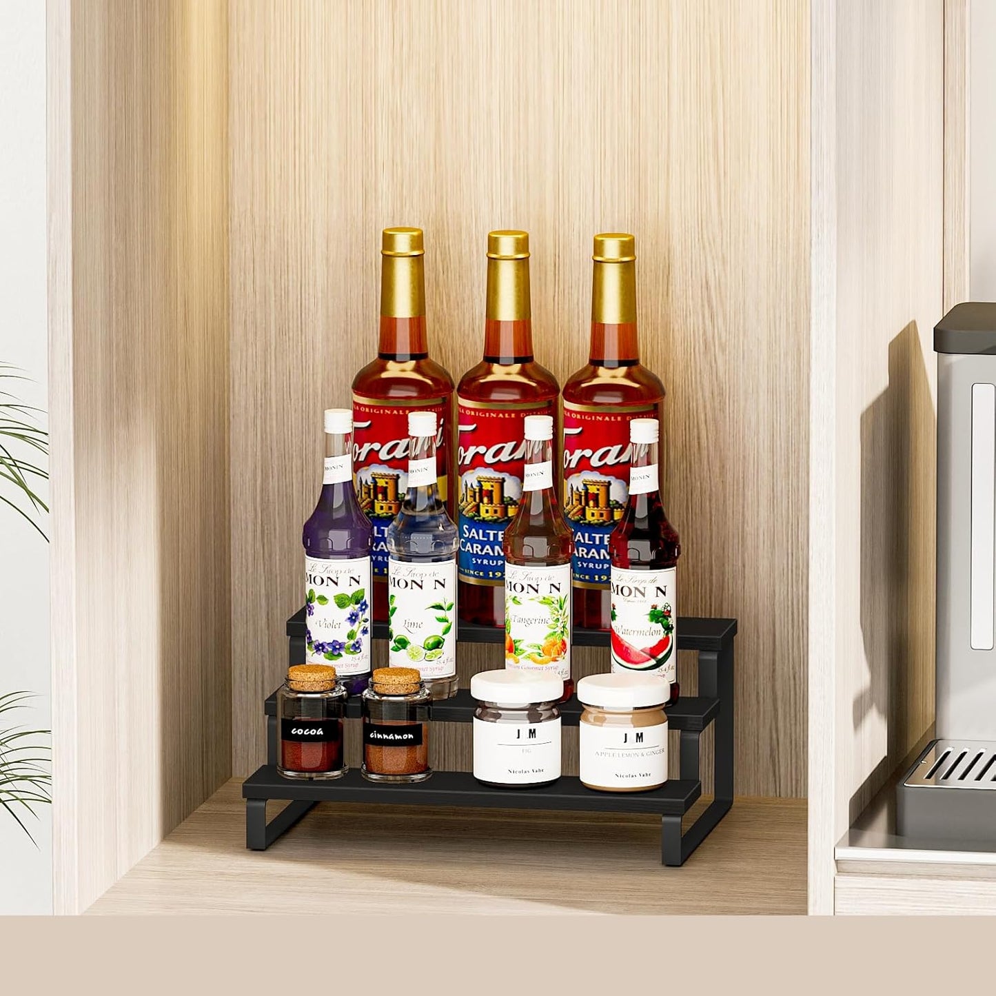 Giikin 3 Tier Spice Rack, Cabinet Organizer Shelf, Wooden Spice Rack for Countertop, Kitchen Counter Storage Shelves Cupcake Stand Holder Display Stand, Black