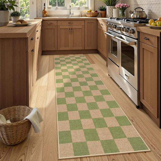 Lahome Checkered Entryway Runner Rug, 2x8 Green Washable Rug Runners for Hallway Non Slip, Farmhouse Indoor Outdoor Non Shedding Kitchen Mats for Floor Porch Balcony
