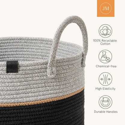 LA JOLIE MUSE Woven Basket Rope Storage Baskets - Large Cotton Organizer, Basket for Baby Blanket, Kids Toy Nursery Laundry Basket Ebony Black XL