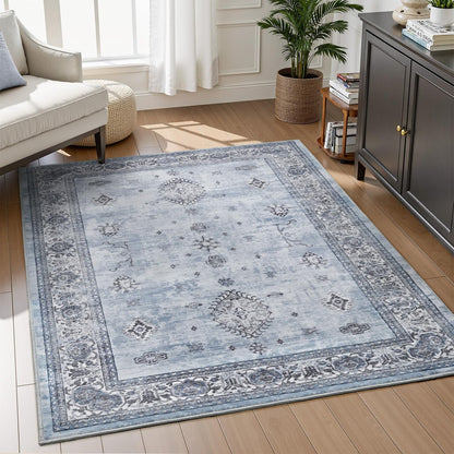 AMOAMI-Vintage Area Rug 3x5 Blue Rugs for Living Room-Soft Washable Rug Non Slip Entryway Rug Indoor Vintage Throw Accent for Bedroom Laundry Room Dining Bathroom Bedside