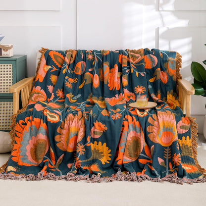 Snycler Boho Throw Blanket for Bed, 100% Organic Cotton Muslin Soft Throw-Orange Boho Floral Farmhouse Rustic Spring Summer Fall Decor Blanket for Couch Sofa Quilt and Gift, 80" x 90"