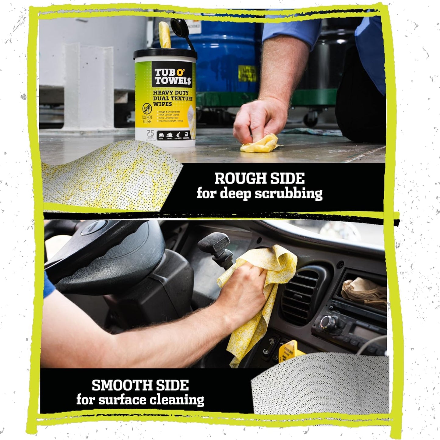 Tub O’ Towels TW75 Heavy-Duty 10" x 12" Size Multi-Surface Cleaning Wipes, Dual Texture, 75 Count Per Canister, 2 Pack