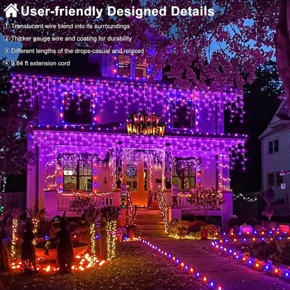 66ft Purple Halloween Lights Outdoor, 640 LED Icicle Lights for Outside Indoor Twinkle Lights with Connectable Clear Wire 8 Modes Timer Waterproof for House Party Tree Holiday Yard Decorations