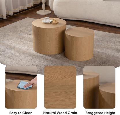 Nesting Round Coffee Table Set of 2, Small Circle Accent End Table for Small Spaces, Morden Drum Side Table, Wooden Center Table for Living Room, Fully Assembled - Natural
