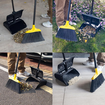 Indoor/Outdoor Heavy Duty Broom and Dustpan Set,Upright Plastic Commercial Dust Pan with 2 Brooms Perfect for Sweeping Courtyard Garage Lobby Kitchen Office Mall Market Shop Floor