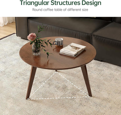 100% Solid Oak Wood Coffee Table Set, Round Coffee Table Combo Side Table w/Solid Wood Legs, Mid Century Table Sturdy Tables for Bedroom Balcony Living Room (Walnut, 3 Pieces)