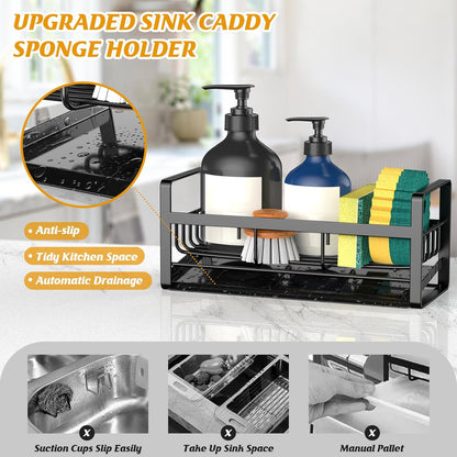 Sponge Holder for Kitchen Sink,Stainless Steel Kitchen Sink Organizer with Auto Draining Tray,Countertop Sink Caddy for Sponge Holder Soap Brush Dispenser,Black-Large