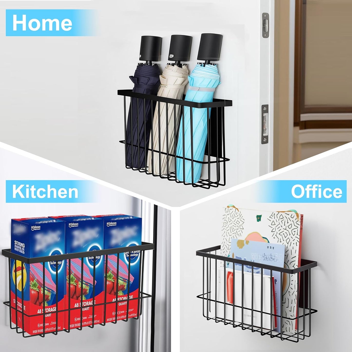 Magnetic Basket for Fridge, Magnetic Basket, Foil and Plastic Wrap Organizer with 4 Caddy Adhesive Stickers, Cabinet Storage Basket for Kitchen Wrap Food Bag Storage, Black, 2 Pack