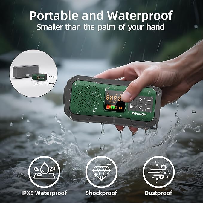 NOAA Weather Radio AM/FM,Portable 2000mAh Rechargeable Battery Operated with USB-C/Hand Crank/Solar Charging,Bluetooth Connectivity,Built-in Light, SOS Alert,Ideal for Camping,Hurricane and Storm Use