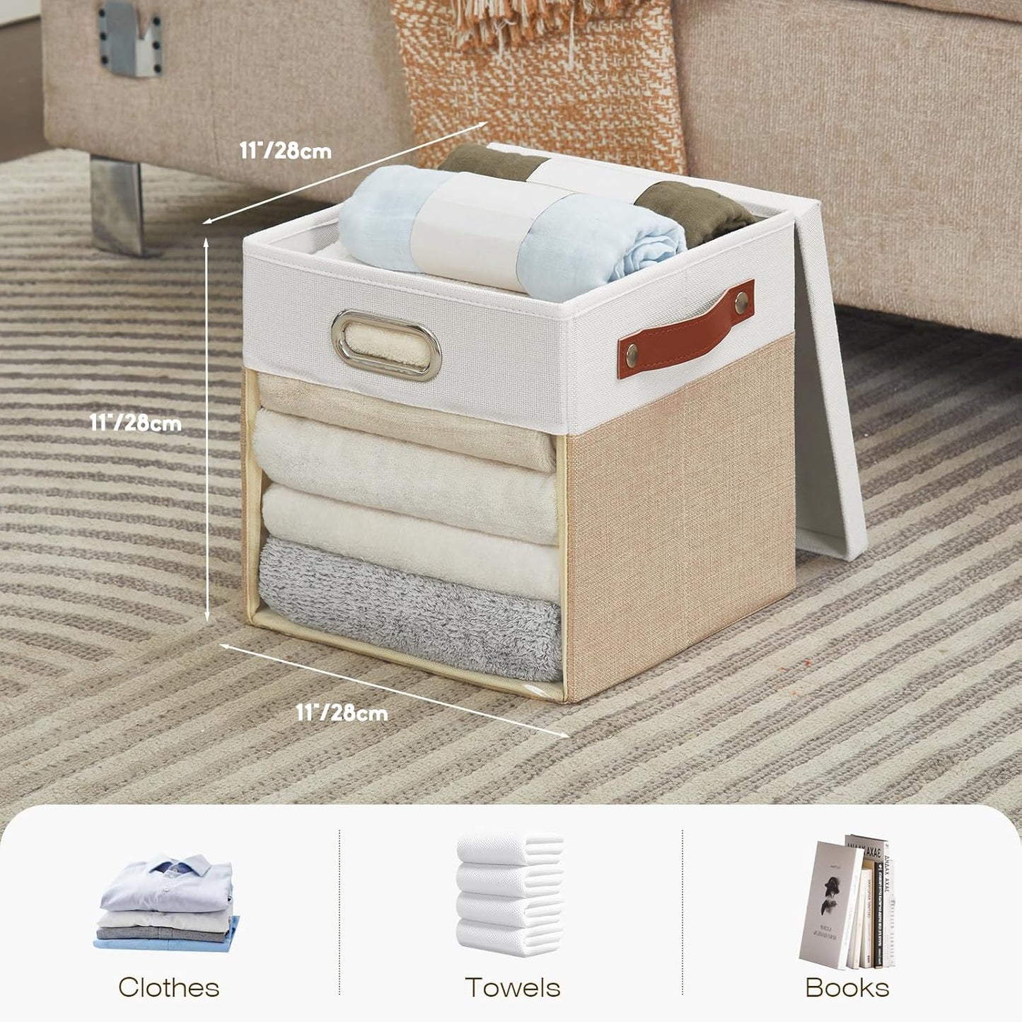 Fabric Storage Cubes with Clear Windows and Lids 11'' Foldable Storage Bins with 3 Handles, Decorative Storage Boxes for Home, Bedroom, Closet, Office (Beige & White)