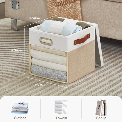 Fabric Storage Cubes with Clear Windows and Lids 11'' Foldable Storage Bins with 3 Handles, Decorative Storage Boxes for Home, Bedroom, Closet, Office (Beige & White)