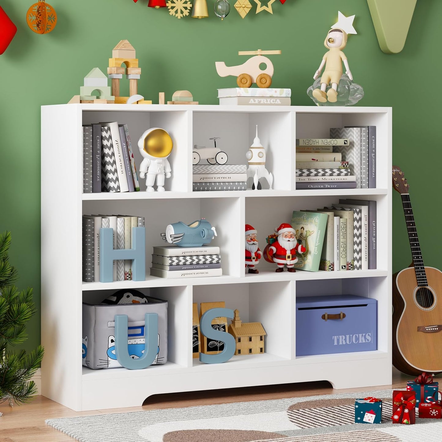 Book Shelf Set of 2, 8 Cubes Storage Organizer, 3-Tier Open Shelf Wooden Bookcase, Freestanding White Bookshelf Cube Shelf for Bedroom, Living Room, Home Office